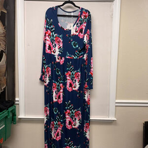 Women's VIISHOW Plus Size 3X Blue Floral Long Sleeve Maxi Dress